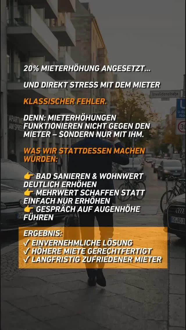 20% Mieterhöhung angesetzt.

Mieter droht mit Anwalt.
Klassischer Fehler.
Die meisten Vermieter denken:
Ich bin der Eigentümer – ich bestimme die Miete.
Stimmt. Aber Mieterhöhungen funktionieren nicht gegen den Mieter.
Sondern nur mit ihm.

Was wir stattdessen gemacht hätten:
👉 Bad sanieren & Wohnwert der Immobilie deutlich erhöhen
👉 Mehrwert schaffen – nicht einfach nur erhöhen
👉 Gespräch auf Augenhöhe führen
Ergebnis:
✓ Einvernehmliche Lösung
✓ Höhere Miete gerechtfertigt
✓ Langfristig zufriedener Mieter
Der Unterschied zwischen einem guten und einem schlechten Vermieter ist nicht die Immobilie.
Es ist die Strategie dahinter.

👇 Kommentiere „START" – wir zeigen dir kostenlos wie professionelles Immobilienmanagement bei Wohnwert aussieht.