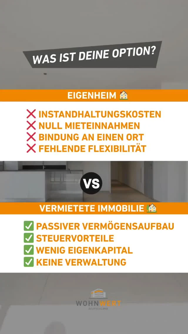 Zwei Immobilien. Gleicher Preis. Komplett unterschiedliches Ergebnis.

🏠 Eigenheim
❌ Instandhaltungskosten – du zahlst alles
❌ Null Mieteinnahmen – niemand hilft dir
❌ Bindung an einen Ort – keine Flexibilität
❌ Steuerlich unsichtbar – kein Hebel
🏡 Vermietete Immobilie mit Wohnwert
✅ Mieter zahlt deine Rate mit
✅ Finanzamt zahlt durch Steuervorteile mit
✅ Passiver Vermögensaufbau – ohne Aufwand
✅ Wenig Eigenkapital nötig
✅ Keine Verwaltung – wir übernehmen alles
Beim Eigenheim bist du alleine.
Bei der Kapitalanlage tragen drei: du, der Mieter, das Finanzamt.

Was ist deine Option?
👇 Kommentiere „START" – kostenlose Erstberatung.