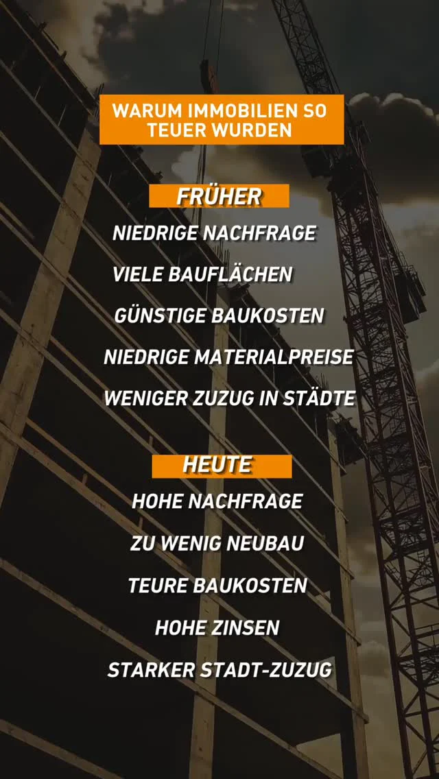 Warum kostet eine Wohnung heute doppelt so viel wie vor 15 Jahren?
Keine Spekulation. Keine Verschwörung.
Nur Angebot und Nachfrage.🟢 Früher vs 🔴 Heute:Niedrige Nachfrage → Hohe Nachfrage
Viele Bauflächen → Zu wenig Neubau
Günstige Baukosten → Teure Baukosten
Niedrige Materialpreise → Hohe Zinsen
Weniger Zuzug in Städte → Starker Stadt-ZuzugJeder einzelne dieser Faktoren würde allein schon für steigende Preise sorgen.
Alle fünf gleichzeitig?Das ist kein Zufall.
Das ist Struktur.Und Strukturen ändern sich nicht in ein, zwei Jahren.Wer das versteht kauft heute.
Wer darauf wartet dass es besser wird – wartet noch in fünf Jahren.👇 Kommentiere „START" – kostenlose Erstberatung bei Wohnwert.
