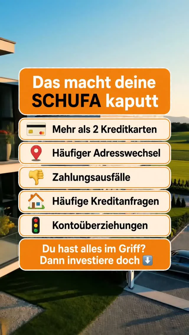 Deine SCHUFA entscheidet mit, ob die Bank dich finanziert. 🏦

Und die meisten sabotieren ihren Score, ohne es zu merken: zu viele Kreditkarten, ständige Umzüge, vergessene Rechnungen, wahllose Kreditanfragen bei fünf Banken gleichzeitig, der Dispo als Dauerzustand.

Das Bittere daran: Ein schwacher Score kostet dich nicht nur bessere Konditionen – er kann dir die Tür zur Immobilie als Kapitalanlage komplett zumachen. Genau die Tür, hinter der mehr Netto und echter Vermögensaufbau liegen.

Die gute Nachricht: Wer seine Finanzen im Griff hat, hat beste Karten. Banken lieben saubere Scores – und belohnen sie mit Top-Konditionen.Du hast alles im Griff? Dann lass dein Geld nicht länger auf dem Konto liegen, wo die Inflation es auffrisst.

👉 Sichere dir jetzt deine kostenlose Wohnwert-Beratung und finde raus, was mit deiner Bonität möglich ist. Link in Bio.

Über 2.000 Kunden sind den Schritt schon gegangen.#schufa #bonität #immobilien #kapitalanlage #finanzierung #vermögensaufbau #steuernsparen #mehrnetto #finanzwissen #wohnwert