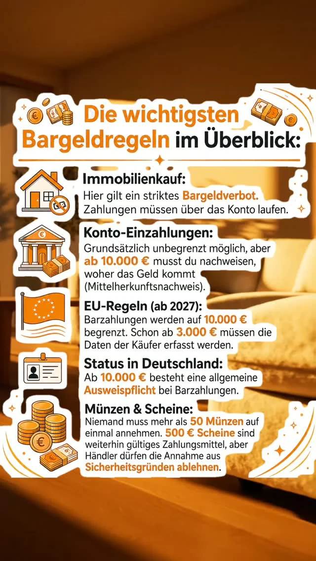 Bargeld ist Freiheit? Nur, wenn du die Regeln kennst. 💶
Die wenigsten wissen, was beim Bargeld wirklich gilt – und werden dann am Bankschalter oder beim Notar überrascht:
Beim Immobilienkauf gilt ein striktes Bargeldverbot – jede Zahlung läuft übers Konto. Zahlst du mehr als 10.000 € bar ein, musst du nachweisen, woher das Geld kommt. Und die EU zieht die Zügel weiter an: Ab 2027 werden Barzahlungen europaweit gedeckelt.
Was das für dich heißt: Wer Vermögen aufbauen will, kommt am „offiziellen" Weg nicht vorbei – sauberes Konto, nachvollziehbare Geldflüsse, gute Bonität. Die gute Nachricht: Genau damit stehen dir alle Türen offen. Auch die zur Immobilie als Kapitalanlage, mit der du Steuerlast in Eigentum umwandelst statt sie ans Finanzamt zu verlieren.
Mehr Netto vom Brutto – ganz ohne Umwege.
👉 Sichere dir jetzt deine kostenlose Wohnwert-Beratung und erfahre, wie du dein Geld richtig arbeiten lässt. Link in Bio.
Über 2.000 Kunden sind diesen Weg schon gegangen.
Stand Juli 2026, ohne Gewähr – keine Rechts- oder Steuerberatung.

#bargeld #finanzwissen #geldregeln #immobilien #kapitalanlage #vermögensaufbau #steuernsparen #mehrnetto #immobilienkauf #wohnwert