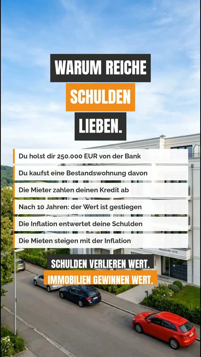 Für die meisten sind Schulden etwas, das man loswerden will. Für Investoren sind sie ein Werkzeug.

So läuft's:
→ Du holst dir 250.000 € von der Bank
→ Du kaufst eine Bestandswohnung davon
→ Deine Mieter zahlen den Kredit ab
→ Nach 10 Jahren ist der Wert gestiegen
→ Die Inflation entwertet deine Schulden
→ Die Mieten steigen mit der Inflation

Schulden verlieren Wert. Immobilien gewinnen Wert. Genau in dieser Lücke entsteht Vermögen.

Wichtig: Das gilt für produktive Schulden – also für welche, die einen Vermögenswert finanzieren, der Ertrag bringt. Konsumschulden fürs neue Auto funktionieren genau andersrum. Der Unterschied ist alles.

Reiche denken nicht in „Schuldenangst", sondern in Vermögenswerten. Das ist keine Einstellungsfrage – das ist Rechnen. 🧮

Du willst wissen, wie dieser Hebel für dich aussieht? Schreib „HEBEL" in die Kommentare oder hol dir dein Erstgespräch über den Link in der Bio. 👇

#immobilien #fremdkapital #hebel #kapitalanlage #vermögensaufbau #inflation #immobilieninvestment #finanzielleFreiheit