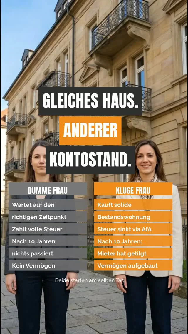 Zwei Frauen. Gleiches Alter, gleiches Einkommen, gleiche Ausgangslage.

Die eine wartet auf „den richtigen Zeitpunkt". Zahlt weiter volle Steuer. Nach 10 Jahren: nichts passiert.

Die andere kauft eine solide Bestandswohnung. Ihre Steuerlast sinkt über die AfA. Die Mieter tilgen den Kredit. Nach 10 Jahren: Vermögen aufgebaut.

Beide starten am selben Tag. 👀

Der Unterschied ist nicht das Einkommen – es ist die Entscheidung, überhaupt anzufangen. Der „richtige Zeitpunkt" kommt nämlich nie. Es gibt nur den Zeitpunkt, an dem du anfängst, und den, an dem du es bereust, nicht früher angefangen zu haben.

Du willst wissen, wie das bei dir aussehen würde? Schreib „START" in die Kommentare oder hol dir dein kostenloses Erstgespräch über den Link in der Bio. 👇

#immobilien #kapitalanlage #vermögensaufbau #frauenundfinanzen #immobilieninvestment #betongold #finanzielleFreiheit #steuernsparen